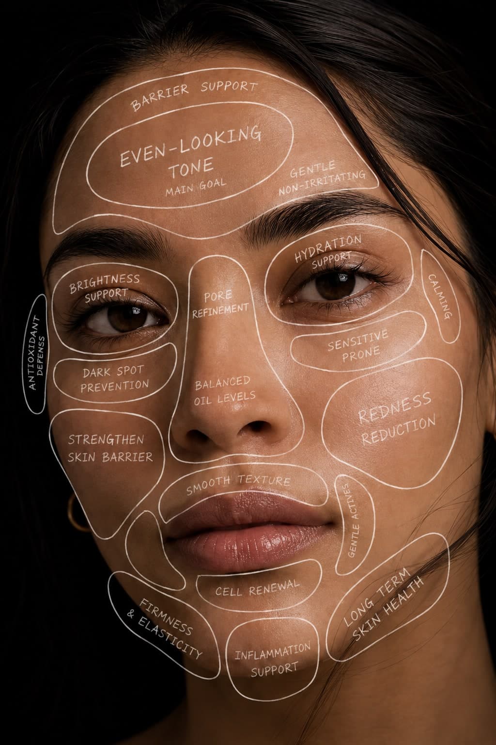 A close portrait of a woman's face overlaid with hand-drawn skin-mapping notes: a main goal of even-looking tone, alongside supportive aims like barrier support, hydration support and redness reduction placed across the face.